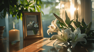 Sunlit memorial table with white lilies, candle, and framed photo, by Spanaway, WA funeral home and cremations